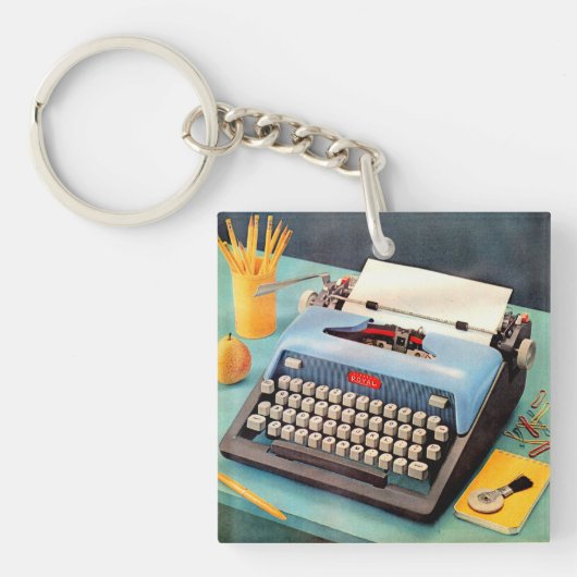 1950s typemachine en afbeelding sleutelhanger (voorkant)