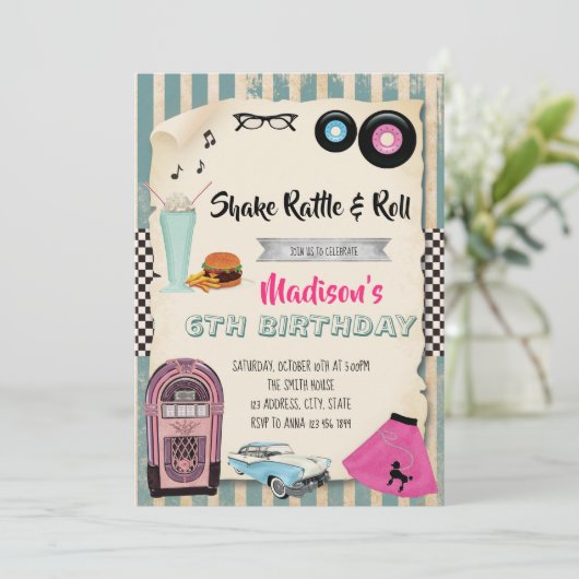 1950s verjaardagsfeest uitnodiging (Staand voorkant)