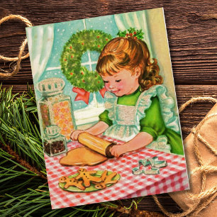 1950's Vintage-kerstmeisjes die koekjes bakken Feestdagenkaart