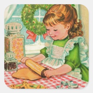 1950's Vintage Kerstmis Meisje Bakken Cookies Vierkante Sticker