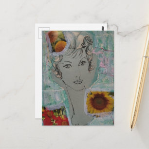 1950s Vrouw en Bloemen Retro Kapsel Collage Briefkaart