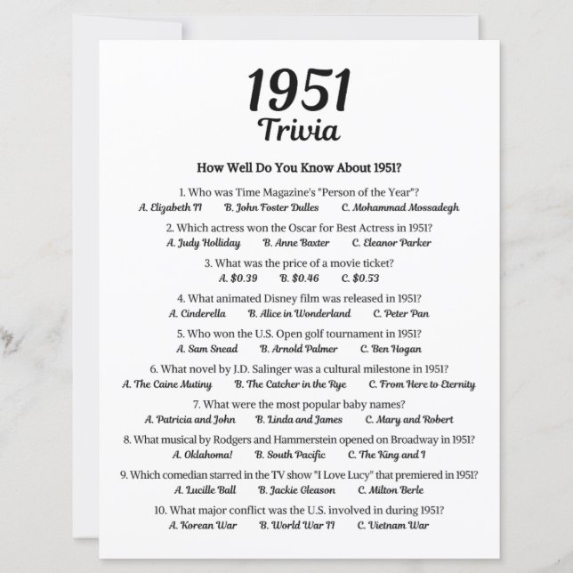 1951 Trivia spel | 74e verjaardag partij spel (Voorkant)