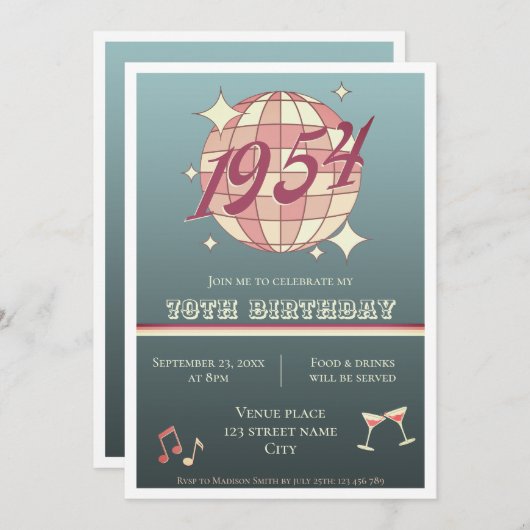  1954 70ste verjaardag retro blauw gr Invitatio Kaart (Voorkant / Achterkant)