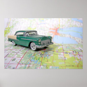 1955 Auto op een Wegenkaart Poster
