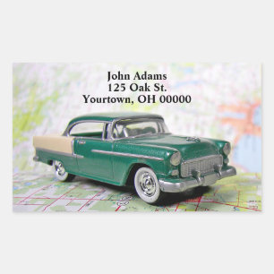 1955 retro auto op wegenkaart rechthoekige sticker