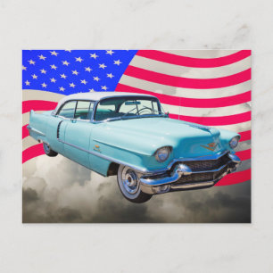 1956 Sedan Deville Cadillac en Amerikaanse vlag Briefkaart