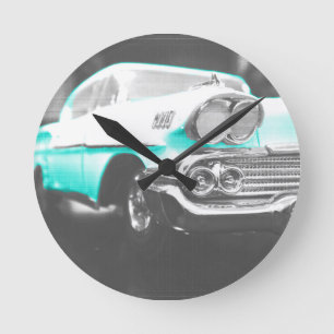 1958 chevy impala helderblauwe klassieker ronde klok