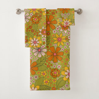 1960, 1970 Groene en Oranje Retro Floral Bad Handdoek