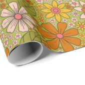 1960, 1970 Groene en Oranje Retro Floral Cadeaupapier (Rol Hoek)