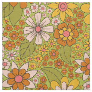 1960, 1970 Groene en Oranje Retro Floral Stof