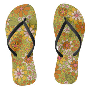 1960, 1970 Groene en Oranje Retro Floral Teenslippers