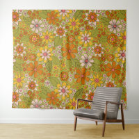 1960, 1970 Groene en Oranje Retro Floral