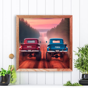 1960 Trucks Racing Down a Dirt Road Aangepaste nam Foto Afdruk
