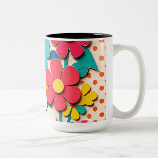 1960s Floral Graphic Cutouts Tweekleurige Koffiemok