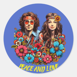 1960s Hippie Paar bloem kind Vrede & Liefde kunst Ronde Sticker