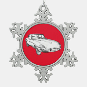 1964 Jaguar XKE Antiek sportwagen Illustratie Tin Sneeuwvlok Ornament