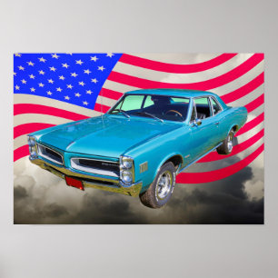 1966 Pontiac Le Mans and American Flag Poster