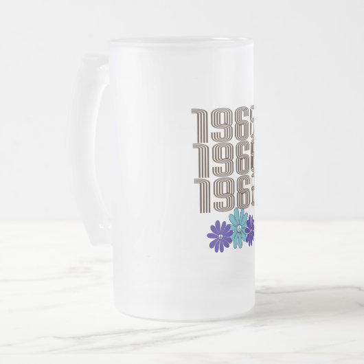 1968 Hippie Flower Power Vredesteken Aqua Paarse Matglas Bierpul (Voorkant links)