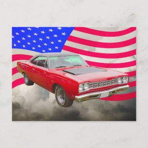 1968 Plymouth Roadrunner en de Amerikaanse vlag Briefkaart