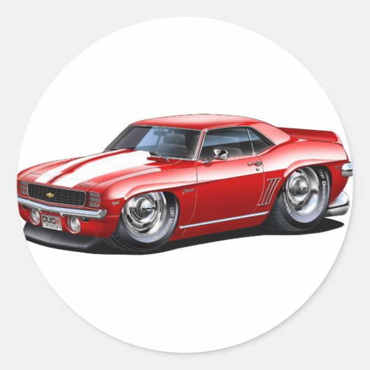 1969 Camaro Rood-Witte auto Ronde Sticker (Voorkant)