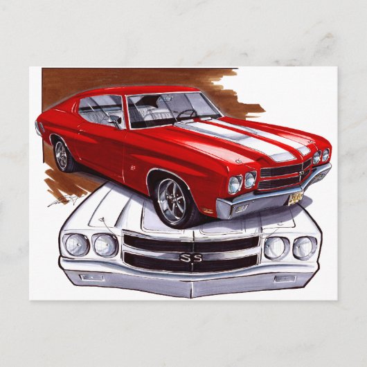 1970 Chevelle Rood-Witte auto Briefkaart (Voorkant)