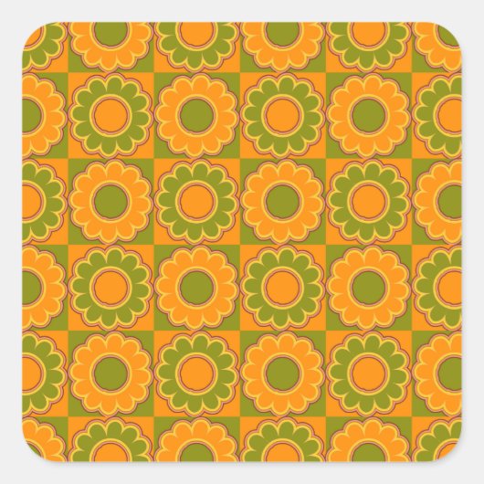 1970s bloemkracht sinaasappel en olijfgroene retro vierkante sticker (Voorkant)