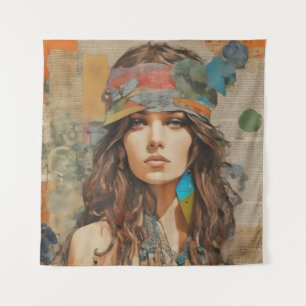 1970s Hippie Vrouw Collage Wandkleed