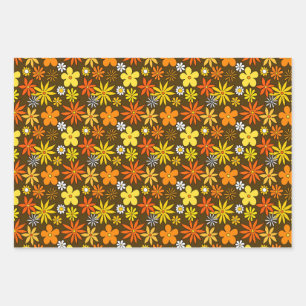 1970s Style Floral Pattern Wrapping Paper Set