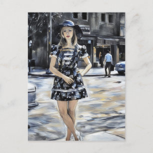 1970s vrouw met zonnehoed mini-jurk in stads kunst briefkaart