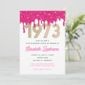 1973 Roze Glitter Drip 50e Verjaardagsuitnodiging Kaart (Staand voorkant)