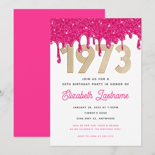 1973 Roze Glitter Drip 50e Verjaardagsuitnodiging Kaart (Voorkant / Achterkant)