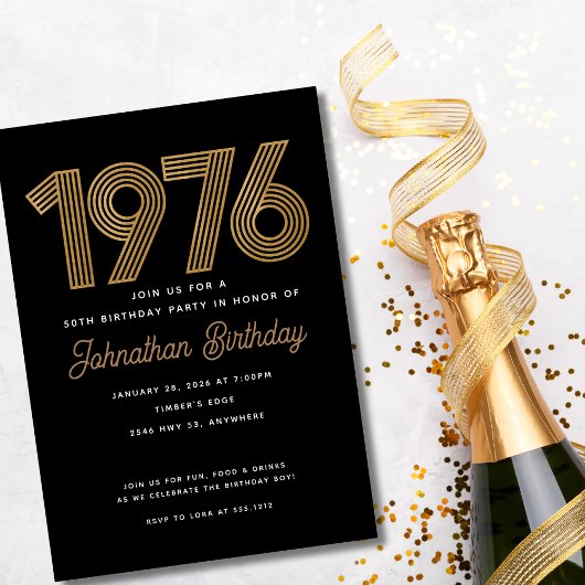 1976 Black and Faux Gold 50th Birthday Invitation 