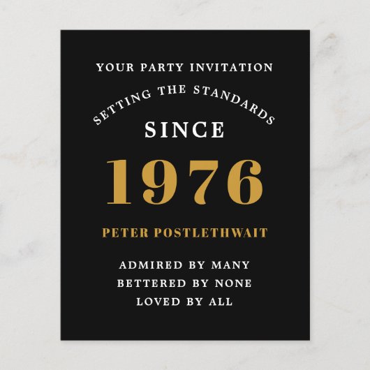 1976 Budget 50th Birthday Invitation Black Gold Flyer (Voorkant)