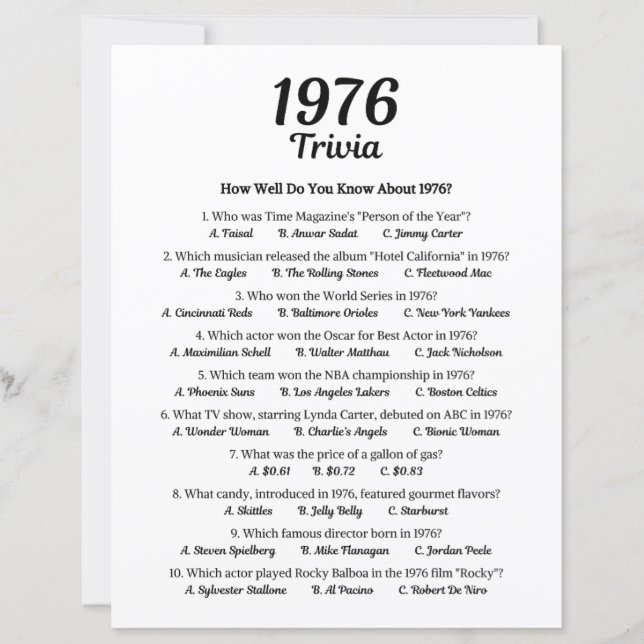 1976 Trivia spel | 49e verjaardag partij spel (Voorkant)