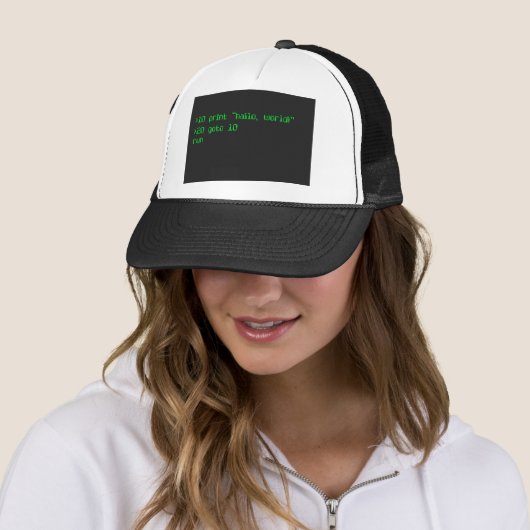 1980's style computer font programming "Hello Worl Trucker Pet (In situ)