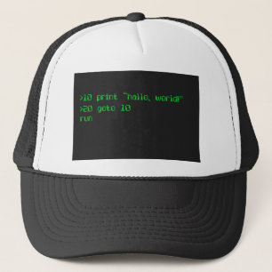 1980's style computer font programming "Hello Worl Trucker Pet
