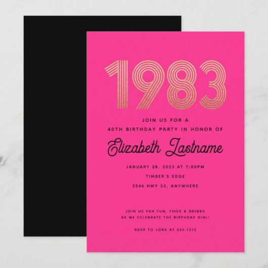 1983 Hot Pink Black Gold 40th Birthday Invitation (Devant / Derrière)