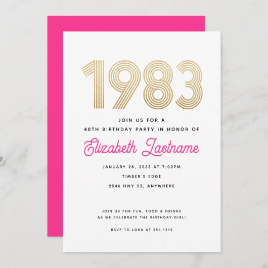 1983 Hot Pink White Gold 40th Birthday Invitation Kaart (Voorkant / Achterkant)