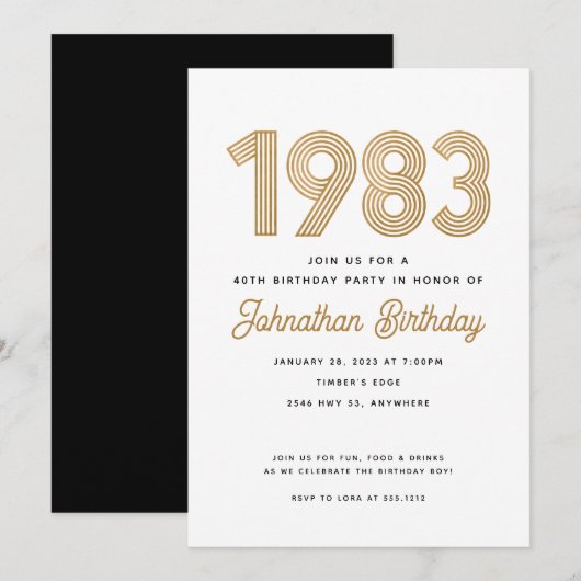 1983 White Black Gold 40th Birthday Invitation Kaart (Voorkant / Achterkant)