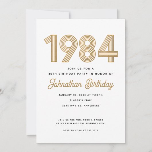 1984 White Black Gold 40th Birthday Invitation (Devant)
