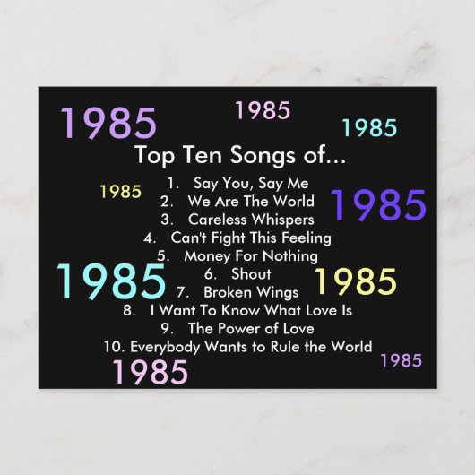 1985 liedjes briefkaart (Voorkant)