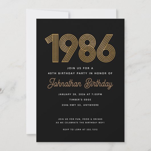 1986 Black and Faux Gold 40th Birthday Invitation Kaart (Voorkant)