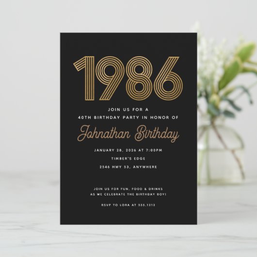 1986 Black and Faux Gold 40th Birthday Invitation Kaart (Staand voorkant)