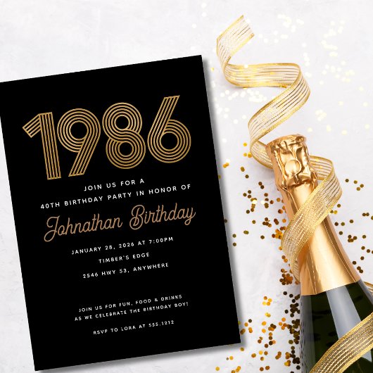 1986 Black and Faux Gold 40th Birthday Invitation Kaart