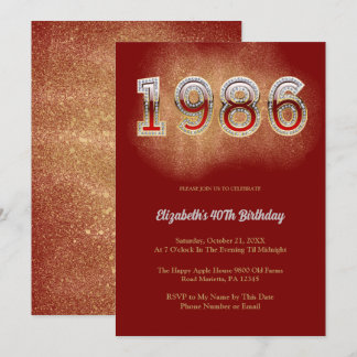 1986 Retro Vintage 40e Verjaardag Rode Glitter Fee Kaart