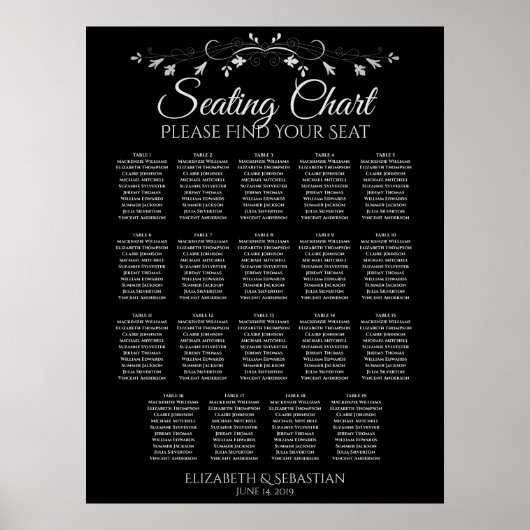 19 Tabel Elegant Black Wedding Seating Chart Poster (Voorkant)