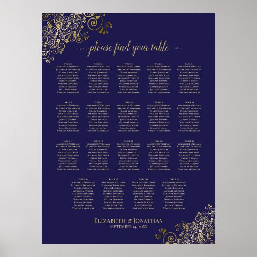 19 Tabel Lacy Gold Navy Blue Wedding Seating Chart Poster (Voorkant)