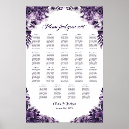 19 Tableau Mariage Floral Violet Tableau de sièges (Devant)