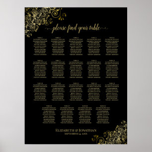 19 Tafel Gold Frills Black Wedding Seating Chart Poster