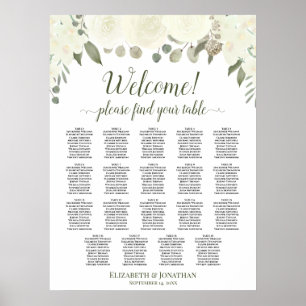 19 Tafel Ivory White Roses Wedding Seating Chart Poster